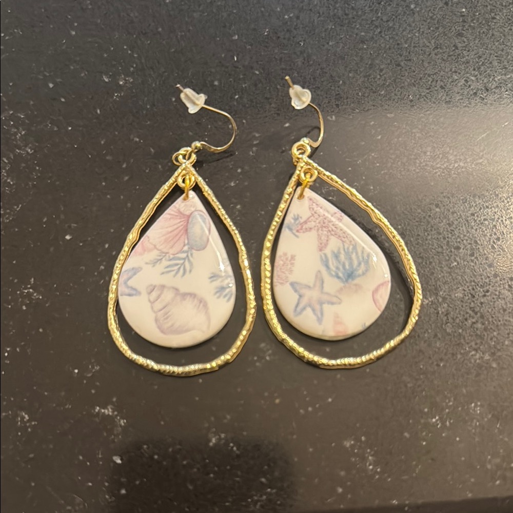 Gold and Cream Seashell Drop Earrings